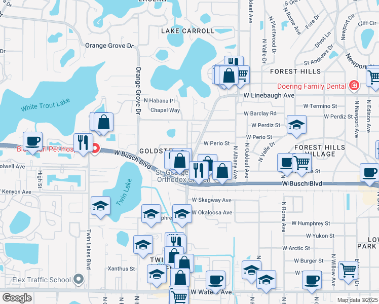map of restaurants, bars, coffee shops, grocery stores, and more near 9505 Citrus Glen Place in Tampa
