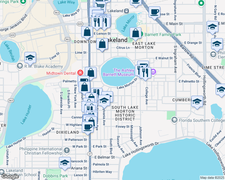 map of restaurants, bars, coffee shops, grocery stores, and more near 155 Lake Morton Drive in Lakeland
