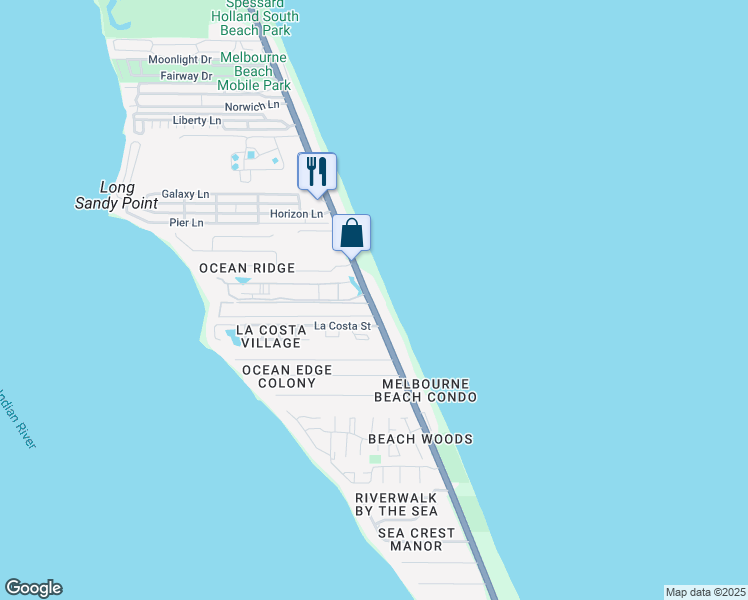 map of restaurants, bars, coffee shops, grocery stores, and more near 3035 South Highway A1A in Melbourne Beach