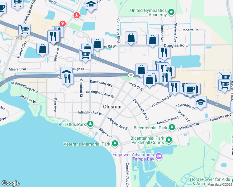 map of restaurants, bars, coffee shops, grocery stores, and more near 301 Exeter Street in Oldsmar