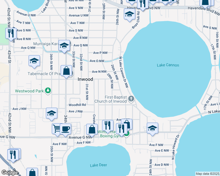map of restaurants, bars, coffee shops, grocery stores, and more near 1208 29th Street Northwest in Winter Haven