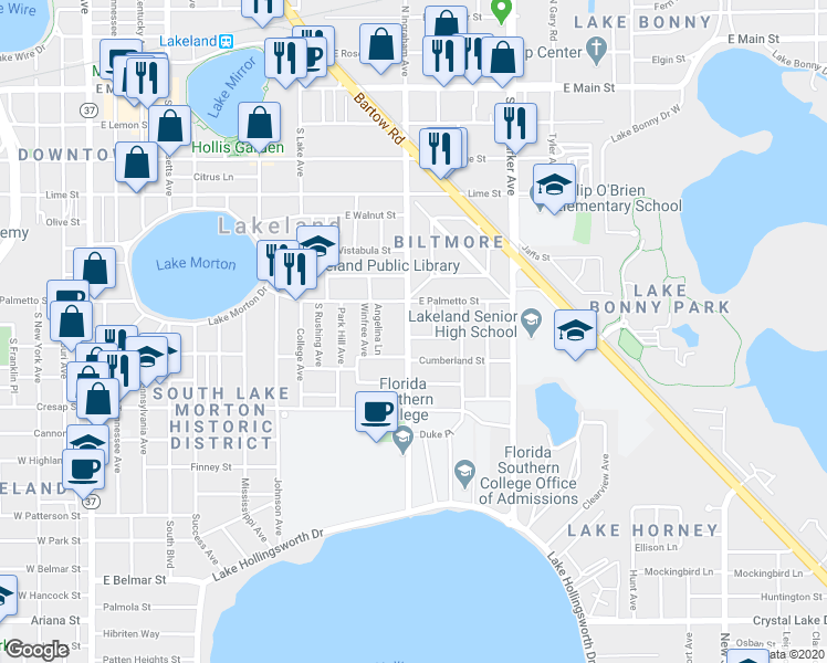 map of restaurants, bars, coffee shops, grocery stores, and more near in Lakeland