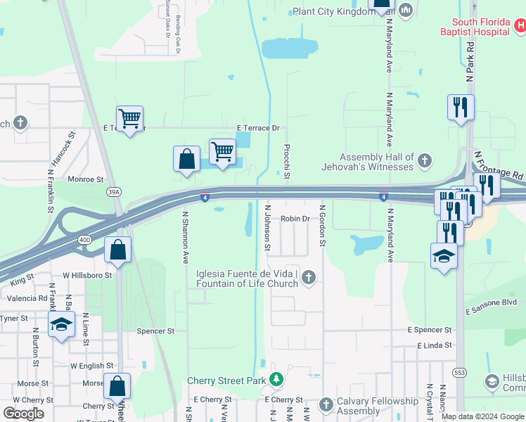 map of restaurants, bars, coffee shops, grocery stores, and more near 2309 North Johnson Street in Plant City