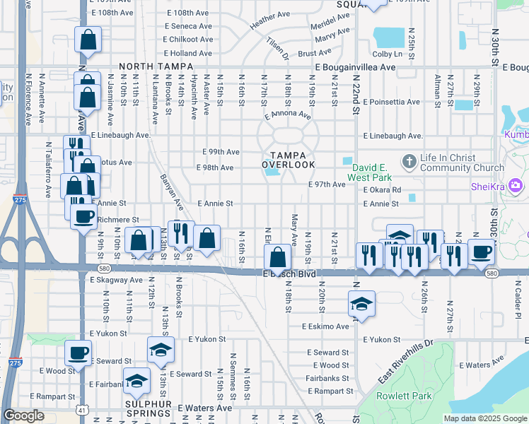 map of restaurants, bars, coffee shops, grocery stores, and more near 1708 East Annie Street in Tampa