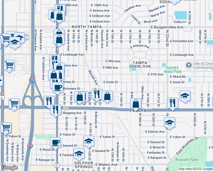 map of restaurants, bars, coffee shops, grocery stores, and more near 9603 North 14th Street in Tampa