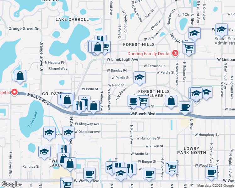 map of restaurants, bars, coffee shops, grocery stores, and more near 9417 West Perio Street in Tampa
