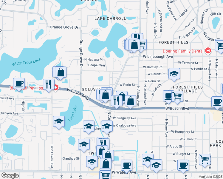 map of restaurants, bars, coffee shops, grocery stores, and more near 9505 Citrus Glen Place in Tampa