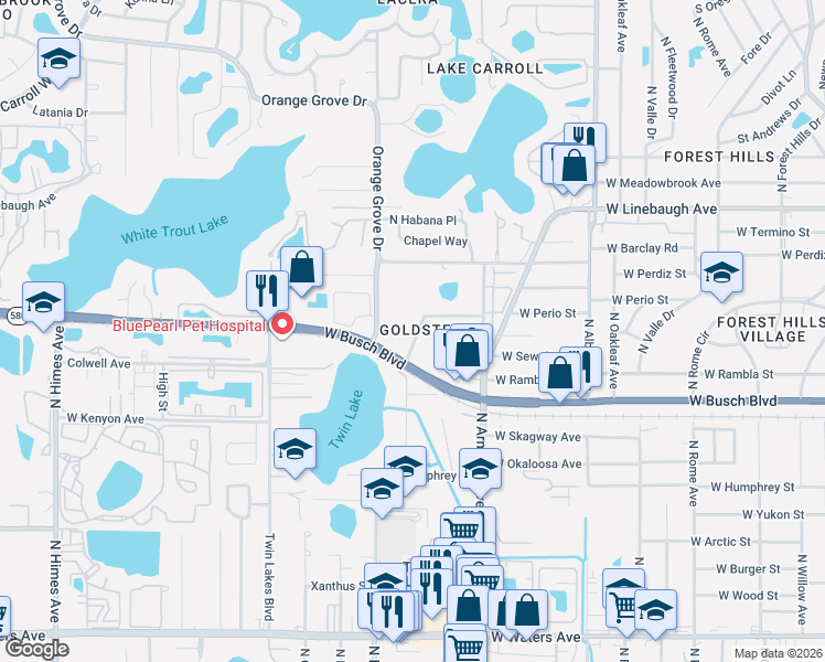 map of restaurants, bars, coffee shops, grocery stores, and more near 9324 North Arrawana Avenue in Tampa