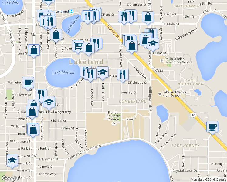 map of restaurants, bars, coffee shops, grocery stores, and more near 716 Angelina Lane in Lakeland