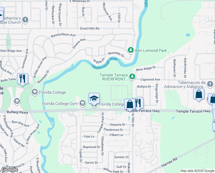 map of restaurants, bars, coffee shops, grocery stores, and more near 7746 Temple Terrace Highway in Tampa
