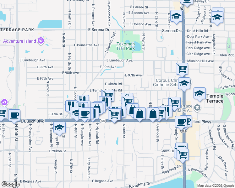 map of restaurants, bars, coffee shops, grocery stores, and more near 9428 North 50th Street in Tampa
