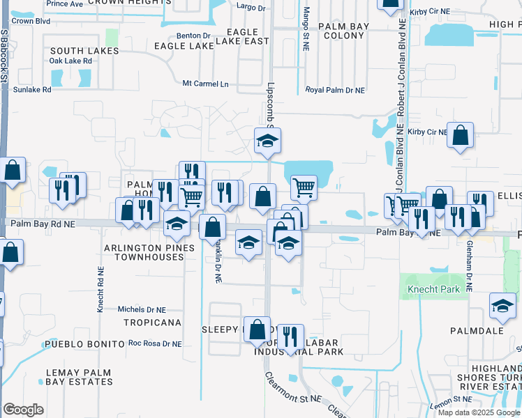 map of restaurants, bars, coffee shops, grocery stores, and more near 4670 Lipscomb Street in Palm Bay
