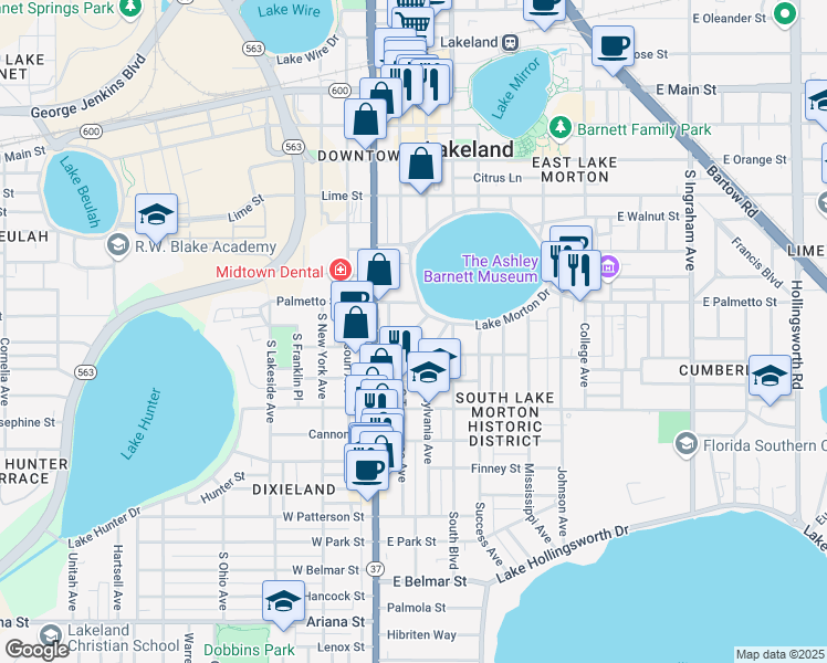 map of restaurants, bars, coffee shops, grocery stores, and more near South Tennessee Avenue in Lakeland