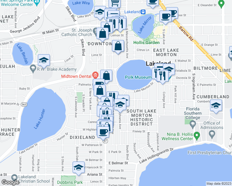 map of restaurants, bars, coffee shops, grocery stores, and more near South Tennessee Avenue in Lakeland