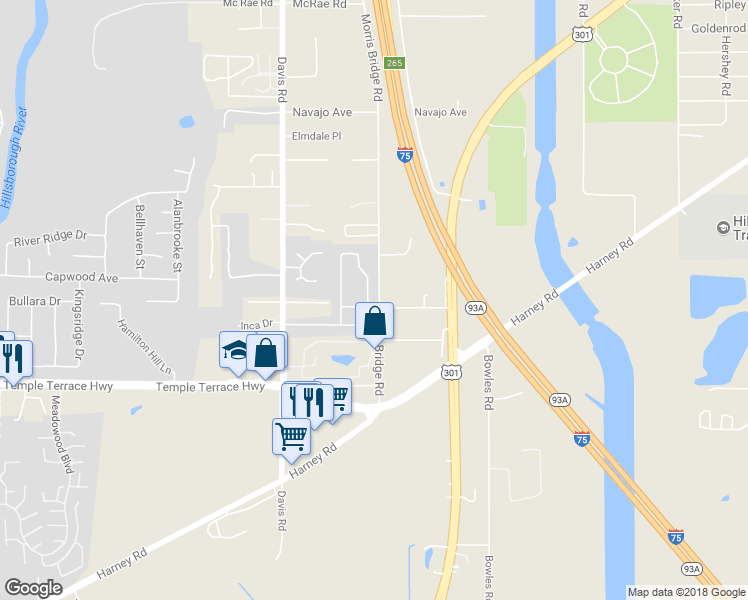 map of restaurants, bars, coffee shops, grocery stores, and more near 9803 Morris Glen Way in Tampa