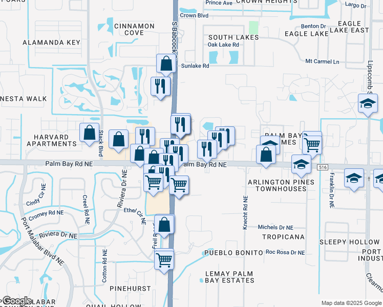 map of restaurants, bars, coffee shops, grocery stores, and more near 1725 Palm Bay Road Northeast in Palm Bay