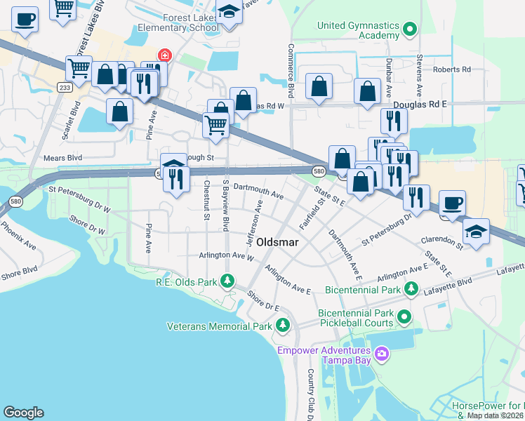 map of restaurants, bars, coffee shops, grocery stores, and more near 313 Jefferson Avenue in Oldsmar