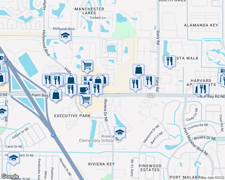 map of restaurants, bars, coffee shops, grocery stores, and more near 4545 Durham Drive in West Melbourne