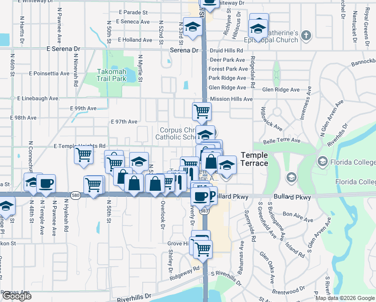 map of restaurants, bars, coffee shops, grocery stores, and more near 9704 Beverly Drive in Temple Terrace