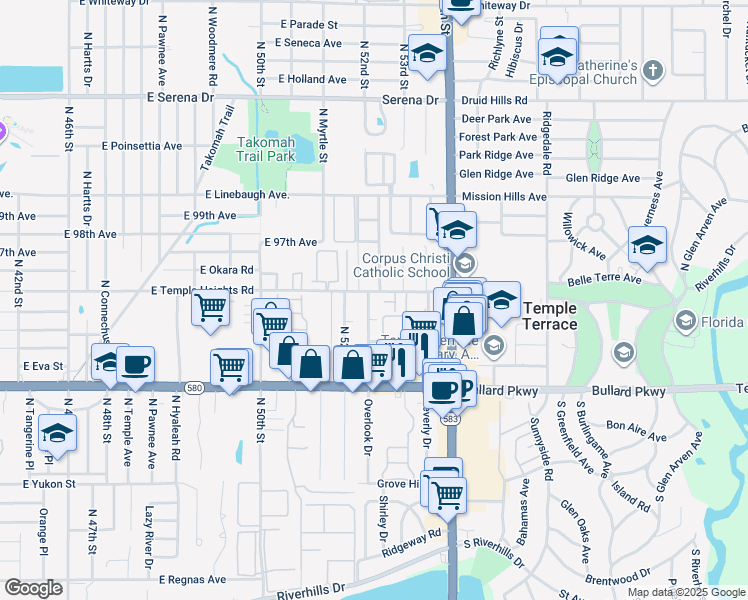 map of restaurants, bars, coffee shops, grocery stores, and more near 5306 Temple Heights Road in Temple Terrace