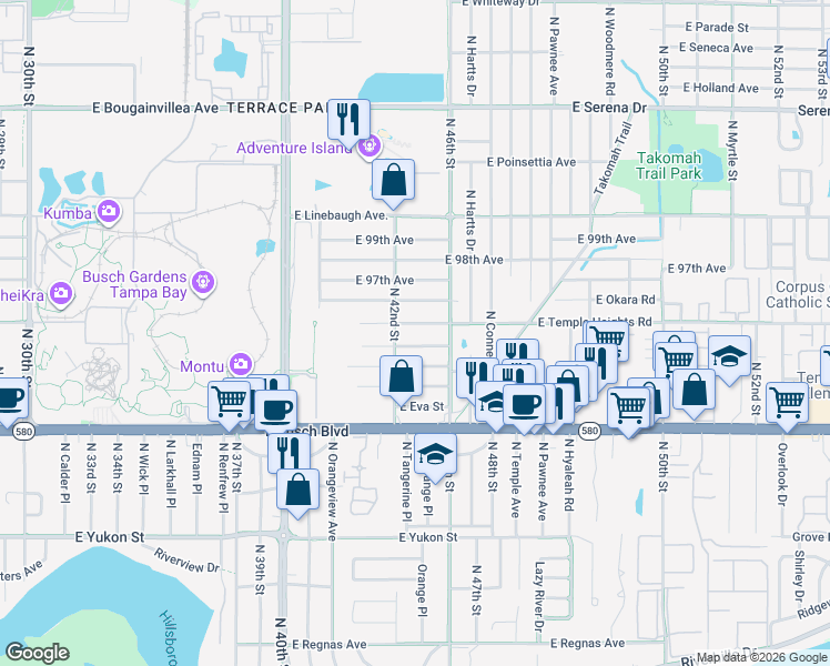 map of restaurants, bars, coffee shops, grocery stores, and more near 4206 East Temple Heights Road in Tampa