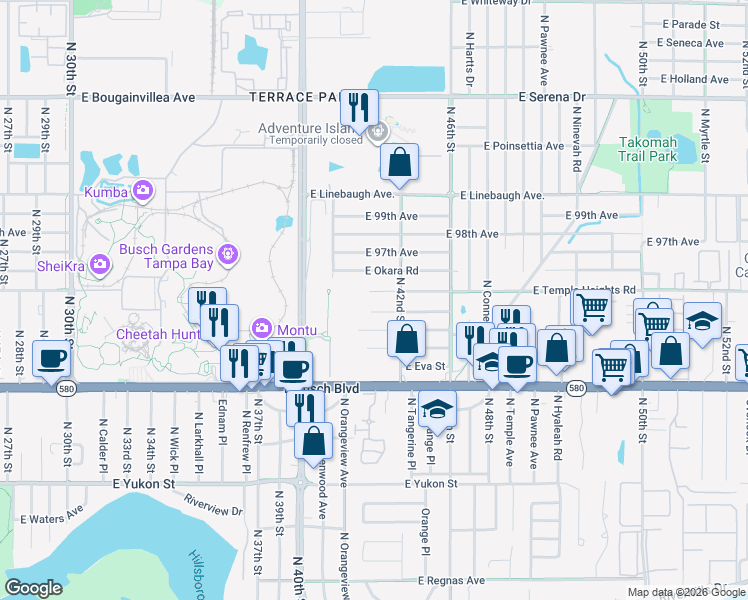 map of restaurants, bars, coffee shops, grocery stores, and more near 4122 East Temple Heights Road in Tampa