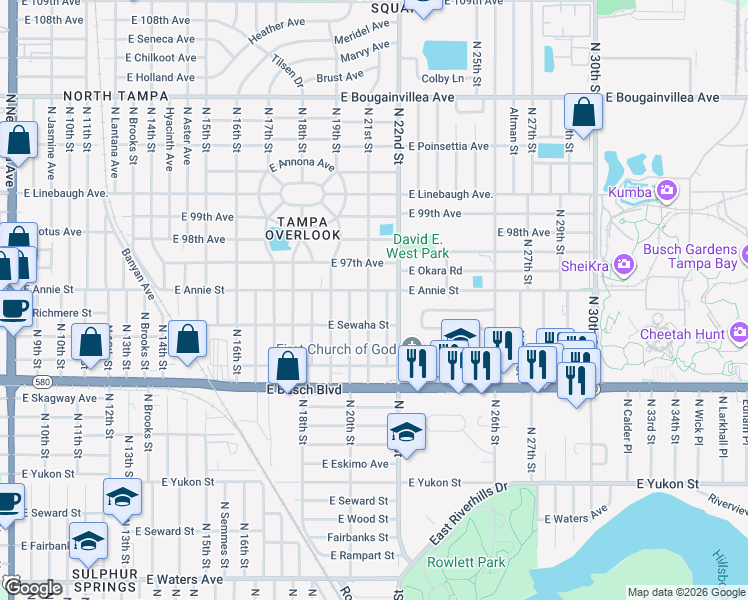 map of restaurants, bars, coffee shops, grocery stores, and more near 2104 East Annie Street in Tampa