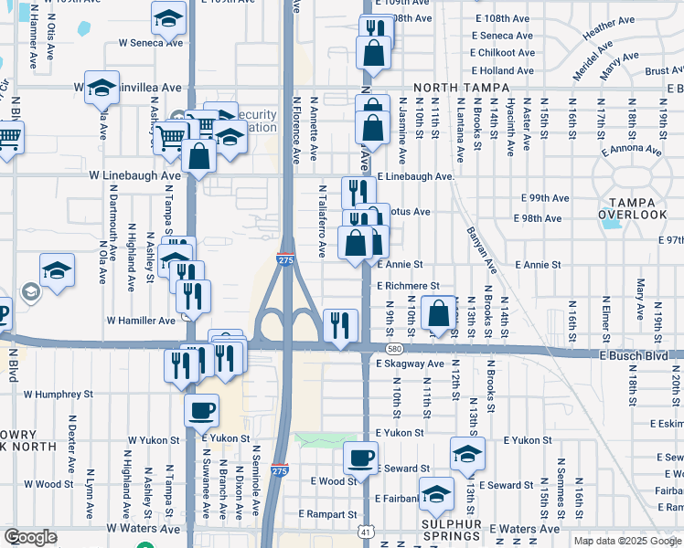 map of restaurants, bars, coffee shops, grocery stores, and more near 898-800 East Annie Street in Tampa