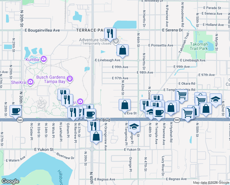 map of restaurants, bars, coffee shops, grocery stores, and more near 4122 East Temple Heights Road in Tampa