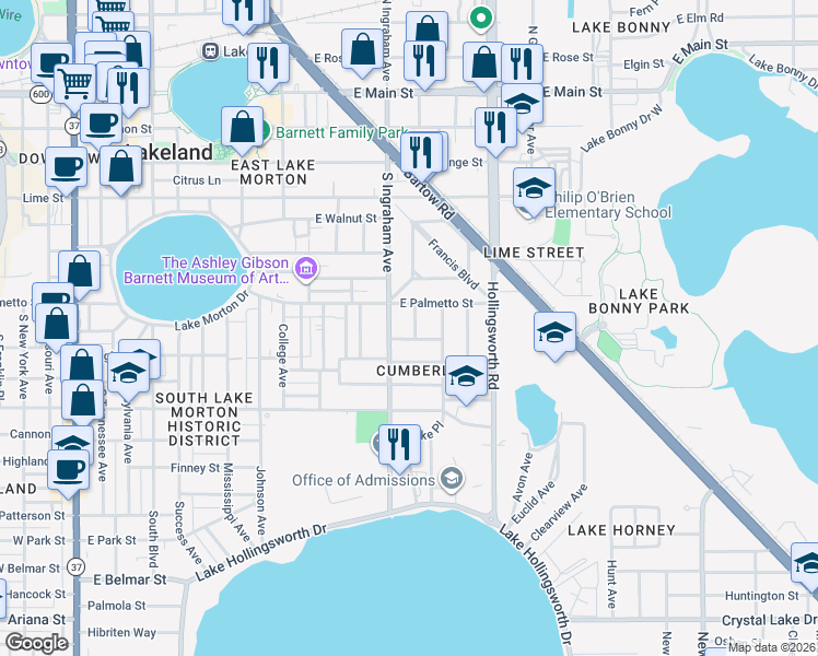 map of restaurants, bars, coffee shops, grocery stores, and more near 710 Wilson Avenue in Lakeland