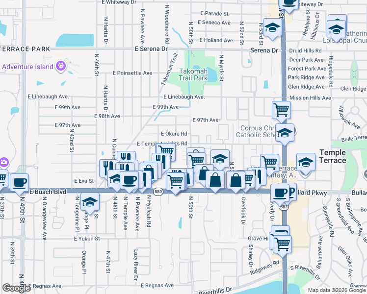 map of restaurants, bars, coffee shops, grocery stores, and more near 4907 East Temple Heights Road in Tampa