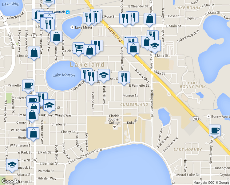 map of restaurants, bars, coffee shops, grocery stores, and more near 712 Winfree Avenue in Lakeland