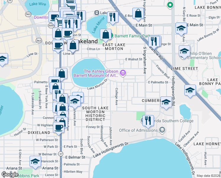 map of restaurants, bars, coffee shops, grocery stores, and more near 718 Johnson Avenue in Lakeland