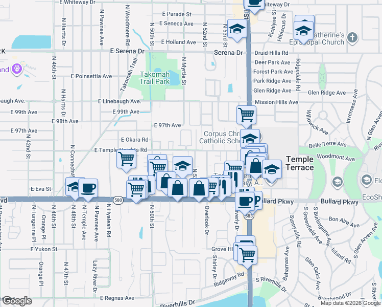 map of restaurants, bars, coffee shops, grocery stores, and more near 5256 Tennis Court Circle in Tampa