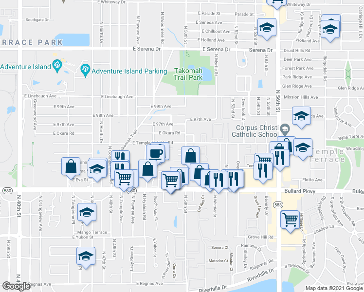 map of restaurants, bars, coffee shops, grocery stores, and more near 4908 East Temple Heights Road in Tampa