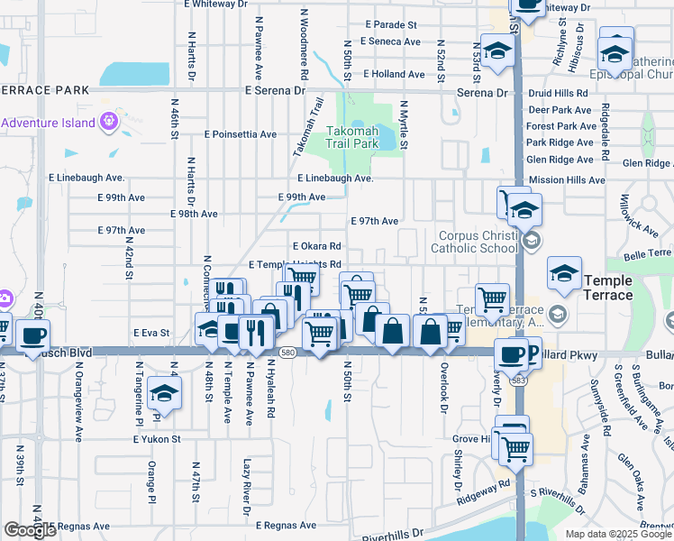 map of restaurants, bars, coffee shops, grocery stores, and more near 4908 East Temple Heights Road in Tampa