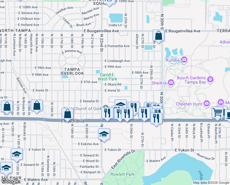 map of restaurants, bars, coffee shops, grocery stores, and more near 1605 North 24th Street in Tampa