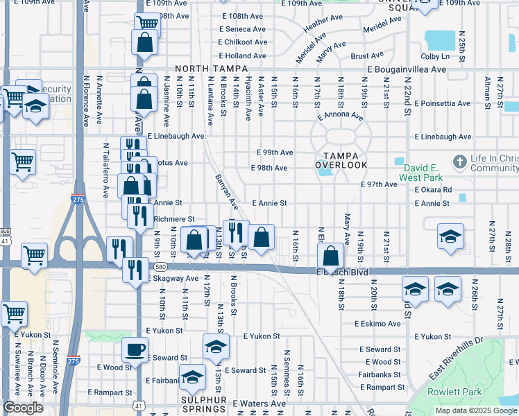 map of restaurants, bars, coffee shops, grocery stores, and more near 9603 North 14th Street in Tampa