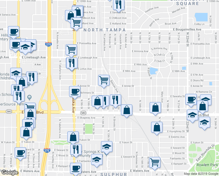 map of restaurants, bars, coffee shops, grocery stores, and more near 1306 East Annie Street in Tampa