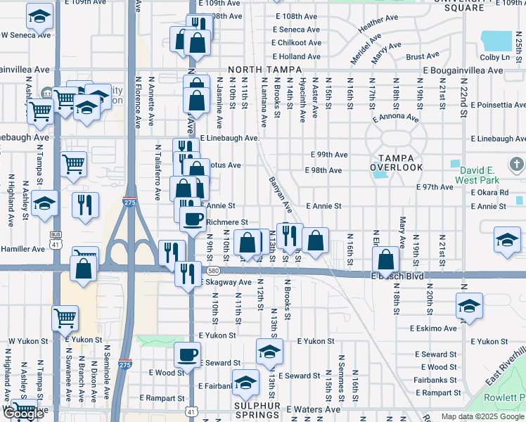 map of restaurants, bars, coffee shops, grocery stores, and more near 1106 East Annie Street in Tampa