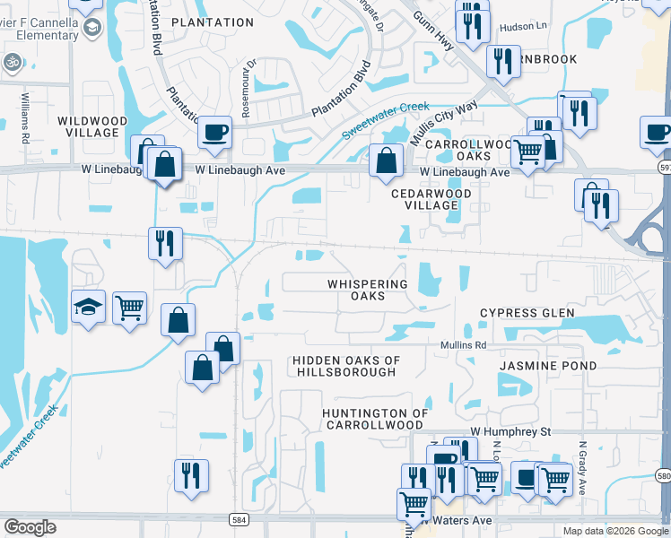 map of restaurants, bars, coffee shops, grocery stores, and more near 9126 Whispering Willow Way in Tampa
