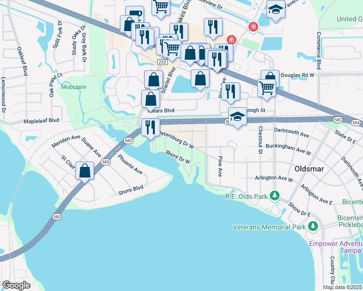map of restaurants, bars, coffee shops, grocery stores, and more near 900 Saint Petersburg Drive West in Oldsmar
