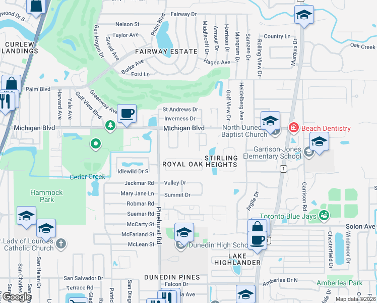 map of restaurants, bars, coffee shops, grocery stores, and more near 132 Glenn Moor Circle in Dunedin