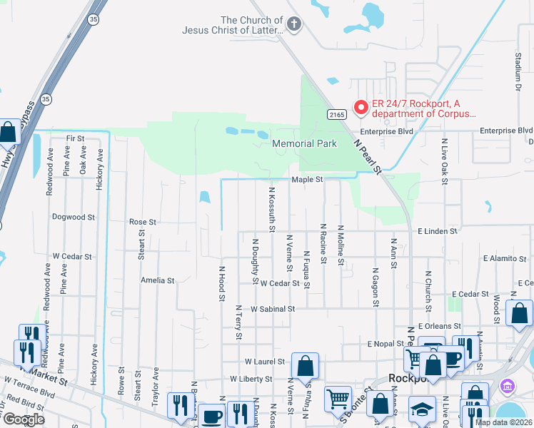 map of restaurants, bars, coffee shops, grocery stores, and more near 1224 North Doughty Street in Rockport