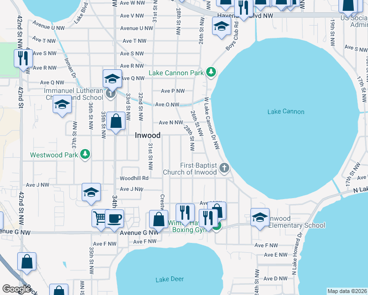map of restaurants, bars, coffee shops, grocery stores, and more near 1208 29th Street Northwest in Winter Haven