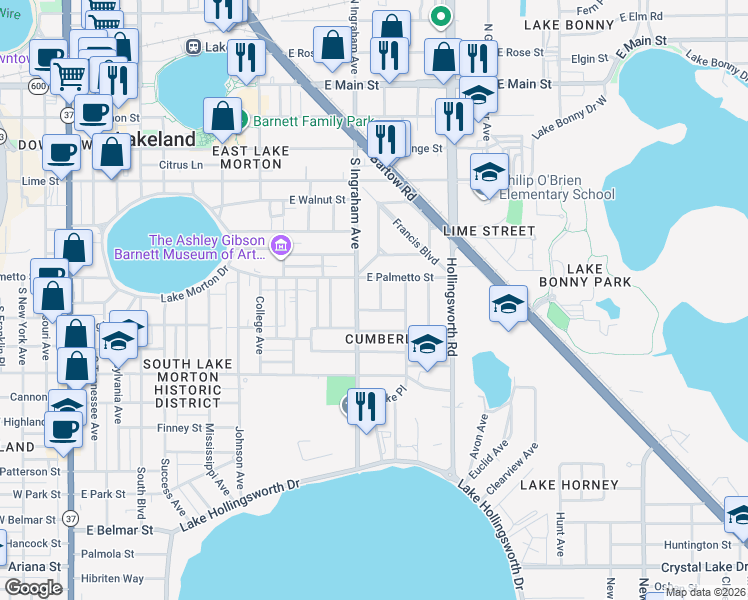 map of restaurants, bars, coffee shops, grocery stores, and more near 710 Wilson Avenue in Lakeland