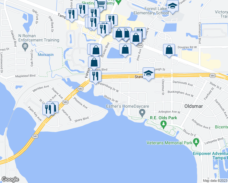 map of restaurants, bars, coffee shops, grocery stores, and more near 805 Saint Petersburg Drive West in Oldsmar