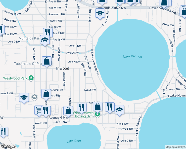 map of restaurants, bars, coffee shops, grocery stores, and more near 1204 26th Street Northwest in Winter Haven