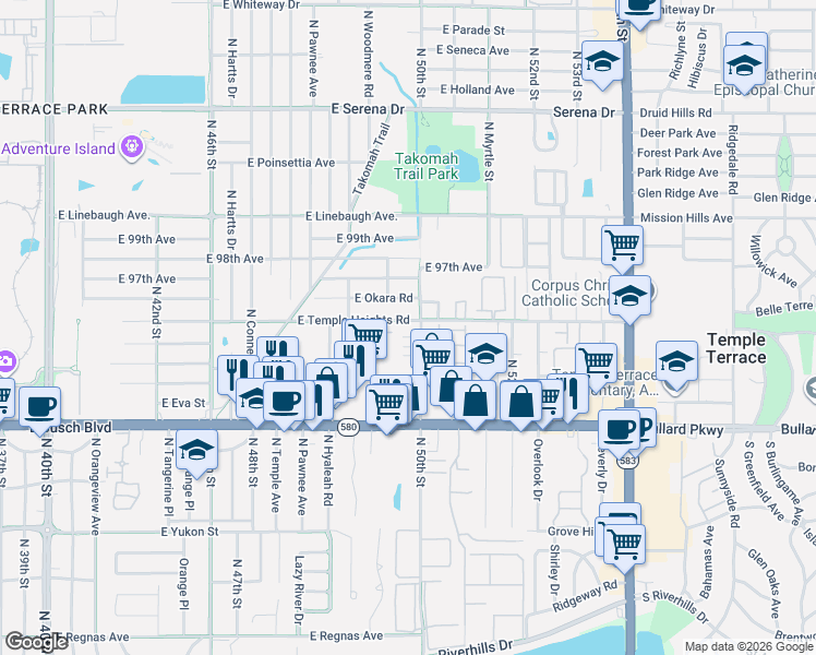 map of restaurants, bars, coffee shops, grocery stores, and more near 4908 East Temple Heights Road in Tampa