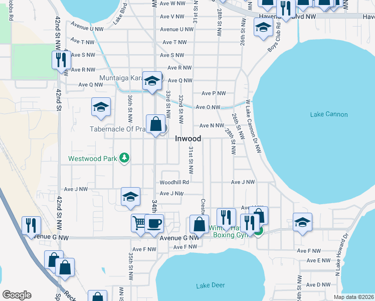 map of restaurants, bars, coffee shops, grocery stores, and more near 1216 31st Street Northwest in Winter Haven